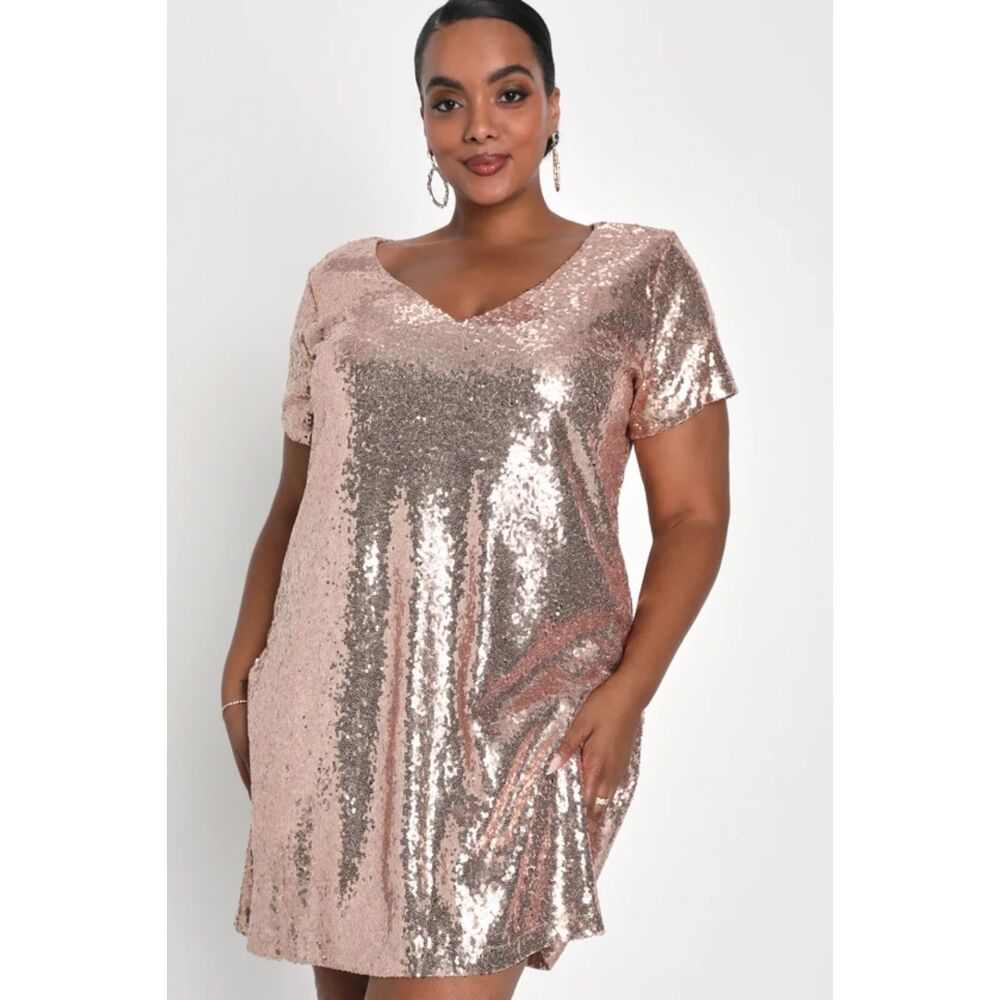 Lulu's Women's Medium Light Up the Night Champagne Sequin Shift Dress Short Slv